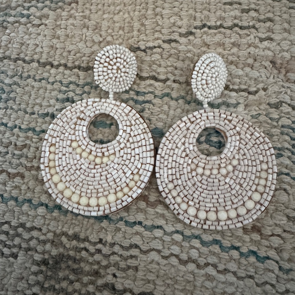 Kennth Jay Lane Beaded Circular Statement Earrings in Cream